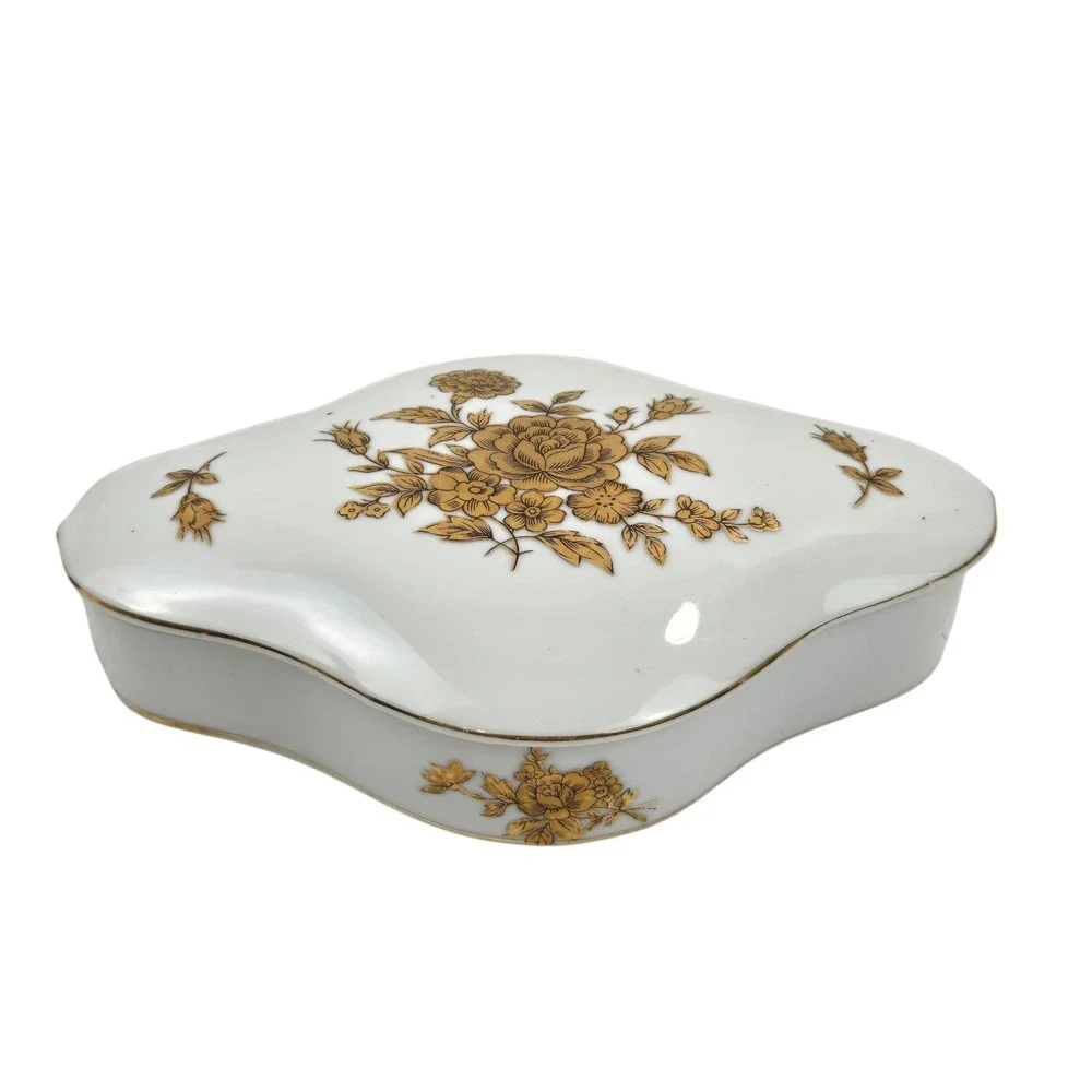 Vtg Porcelain Arnart Creation Trinket Vanity Dish w Gold Leaf Rose & Trim Japan